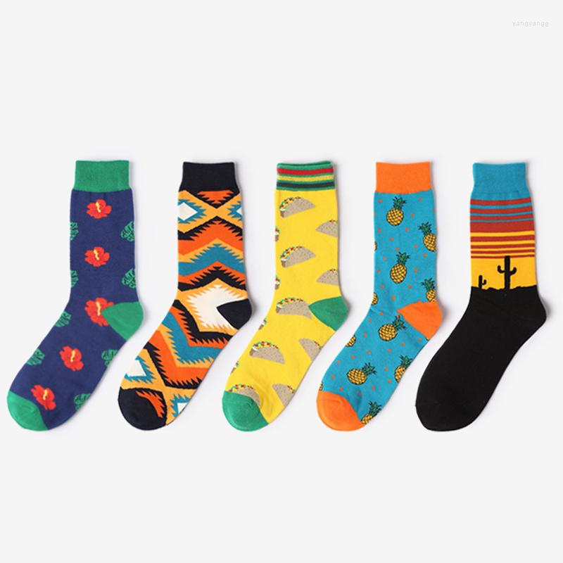 Men's Socks 1 Pair Men Sock Cotton Funny Cartoon Animal Fruit Lattice Novelty Gift For Spring Autumn Winter Christmas, Yellow