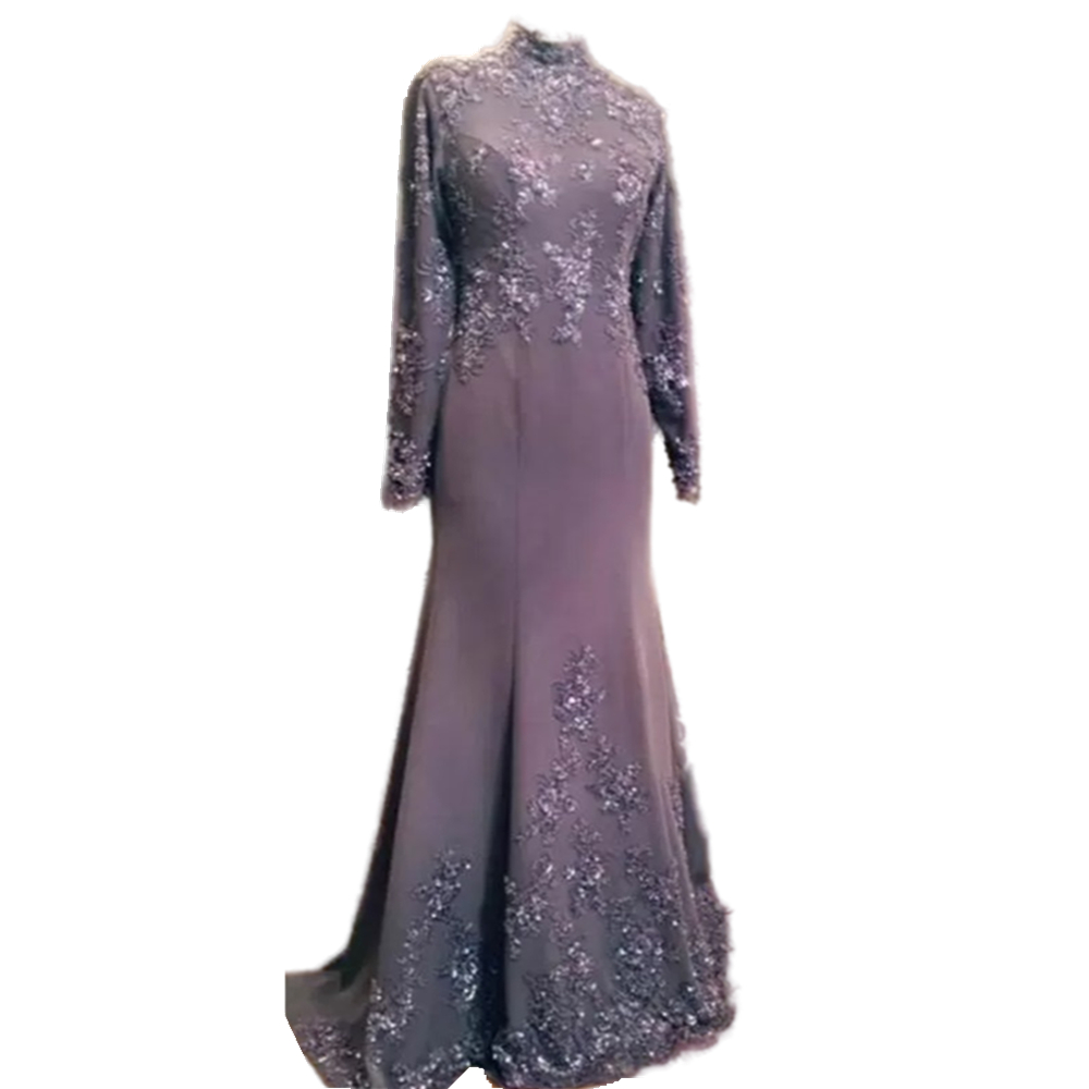Elegant Long Sleeves Muslim Formal Evening Dresses Dusty Purple Lace Applique Mermaid Prom Party Gowns High Neck Modest Arabic Dubai Women Special Occ