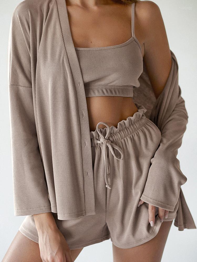 Women' Sleepwear Hiloc Ice Silk Ribbed Pajamas Set Woman 3 Pieces Brown Single Breasted Home Suit Spaghetti Strap Crop Top With Shorts 2023, Black
Women' Sleepwear Hiloc Ice Silk Ribbed Pajamas Set Woman 3 Pieces Brown Single Breasted Home Suit Spaghetti Strap Crop Top With Shorts 2023, Black