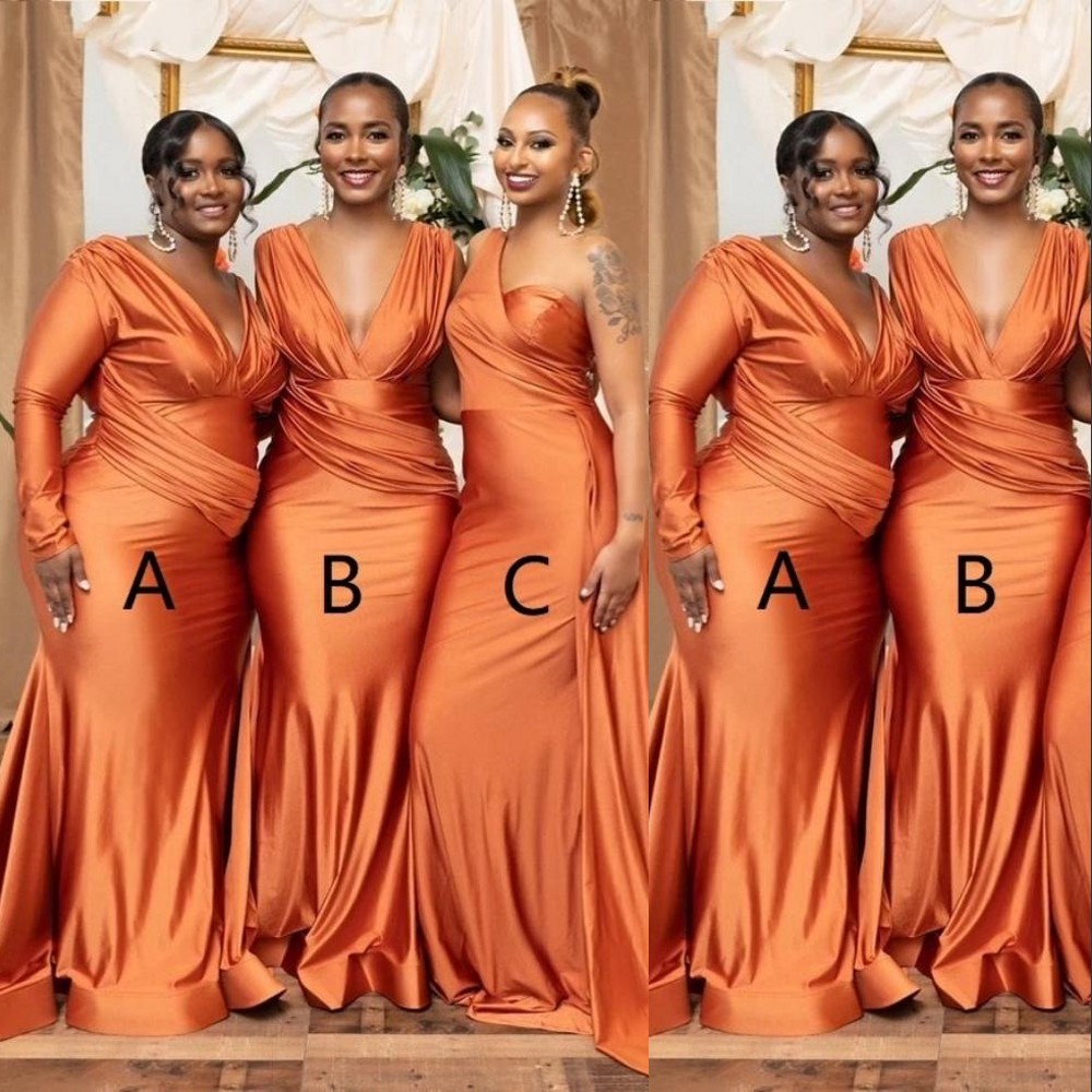 Bridesmaid Dresses Mermaid African Orange Plus Size Nigeria Girls Summer Wedding Guest Dress Sexy V Neck Long Maid Of Honor Gowns Sweep Train 0611