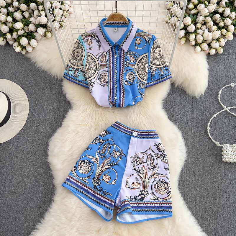 Women's Tracksuits Women 2023 Fashion Floral Print Loose Blouses Vintage Short Sleeve Button-up Shirts Blusas Chic Tops Shorts Two Pieces, Blue set
Women's Tracksuits Women 2023 Fashion Floral Print Loose Blouses Vintage Short Sleeve Button-up Shirts Blusas Chic Tops Shorts Two Pieces, Blue set