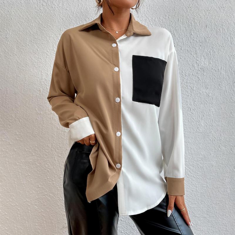 Women's Blouses Comfort And Casual Women's Color Contrast Patchwork Top Pocket Design Long-Sleeved Chiffon Shirt Summer, Khaki collar
Women's Blouses Comfort And Casual Women's Color Contrast Patchwork Top Pocket Design Long-Sleeved Chiffon Shirt Summer, Khaki collar