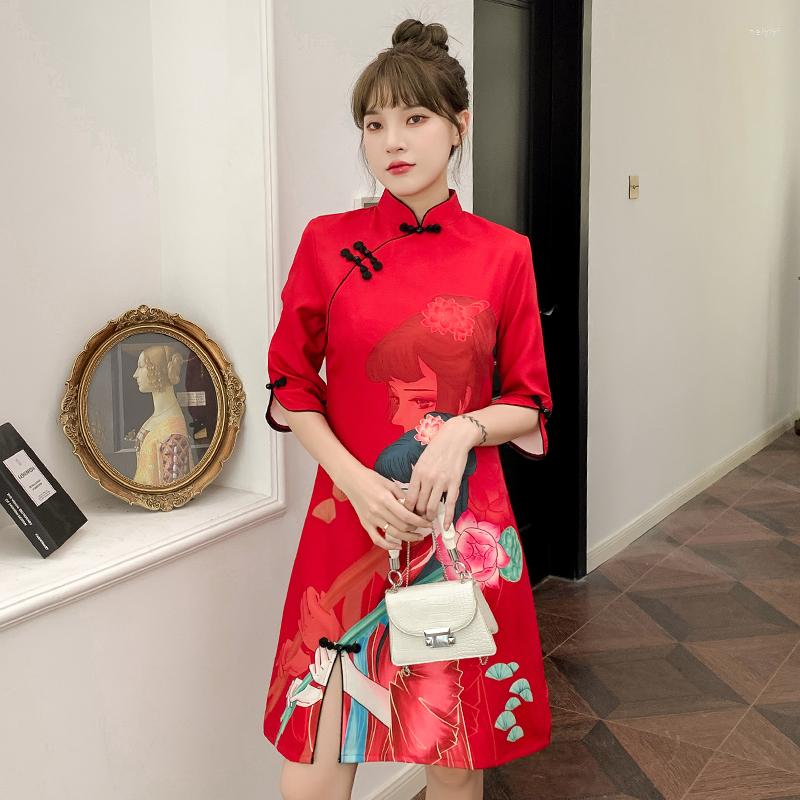Ethnic Clothing Improved Cheongsam Women Stand Collar Buckle Vintage Print Three-quarter Sleeve Chinese Style Mini Dress Ladies Qipao DD156
Ethnic Clothing Improved Cheongsam Women Stand Collar Buckle Vintage Print Three-quarter Sleeve Chinese Style Mini Dress Ladies Qipao DD156