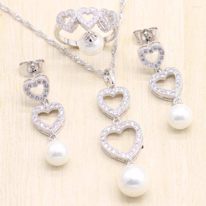 Necklace Earrings Set 925 Sterling Silver Pearl White CZ Jewelry Ring Long Stud Pendant Gift For Women, Picture shown