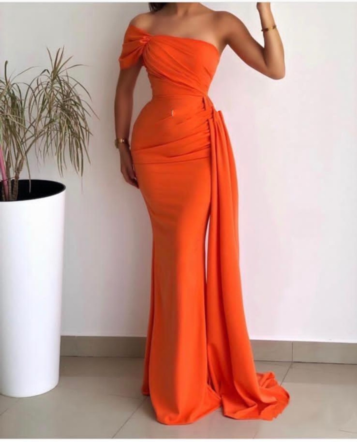 Sexy Arabic Long Bridesmaid Dresses For Weddings Silk Satin Orange Mermaid One Shoulder Party Sweep Train Maid Honor Gowns Bc19350 0218