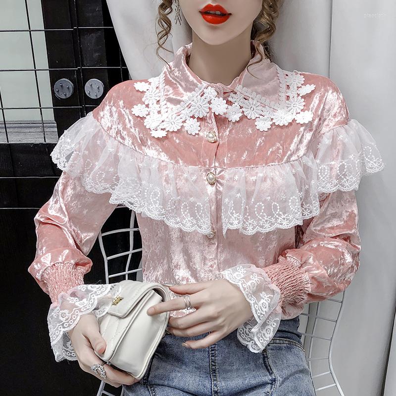 Women' Blouses 2023 Autumn Product Gold Velvet Stitching Lace Lapel Trumpet Sleeve Ruffle Blouse, Pink
Women' Blouses 2023 Autumn Product Gold Velvet Stitching Lace Lapel Trumpet Sleeve Ruffle Blouse, Pink