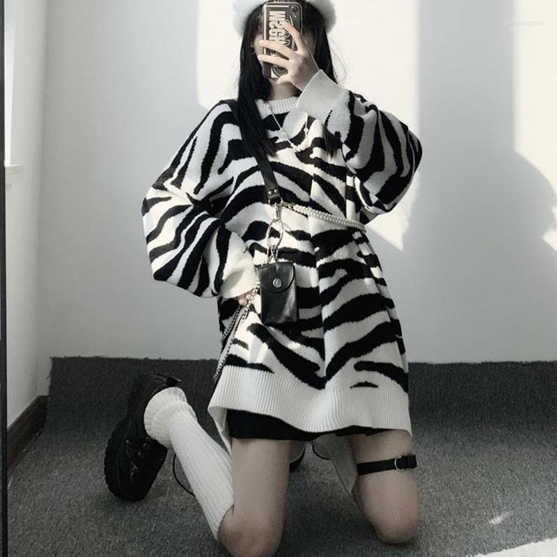 Women' Sweaters Women' Womens Harajuku Oversize Long Sleeve Pullovers Casual Knitting Autumn Zebra Pattern 90s Couple Korean Style, Black
