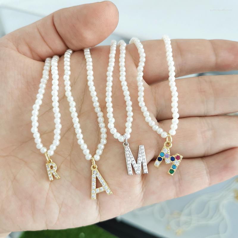 

Pendant Necklaces QMHJE Initial Letters Imitation Pearl Necklace Chain Women Choker Stainless Steel Small Alphabet DIY Gold Silver Color
