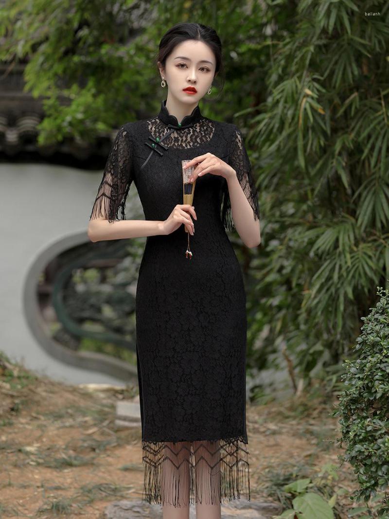 Ethnic Clothing Elegant Mandarin Collar Short Sleeve Lace Tassel Chiffon Cheongsam Women Sexy Chinese Traditional Handmade Buttons Qipao
Ethnic Clothing Elegant Mandarin Collar Short Sleeve Lace Tassel Chiffon Cheongsam Women Sexy Chinese Traditional Handmade Buttons Qipao