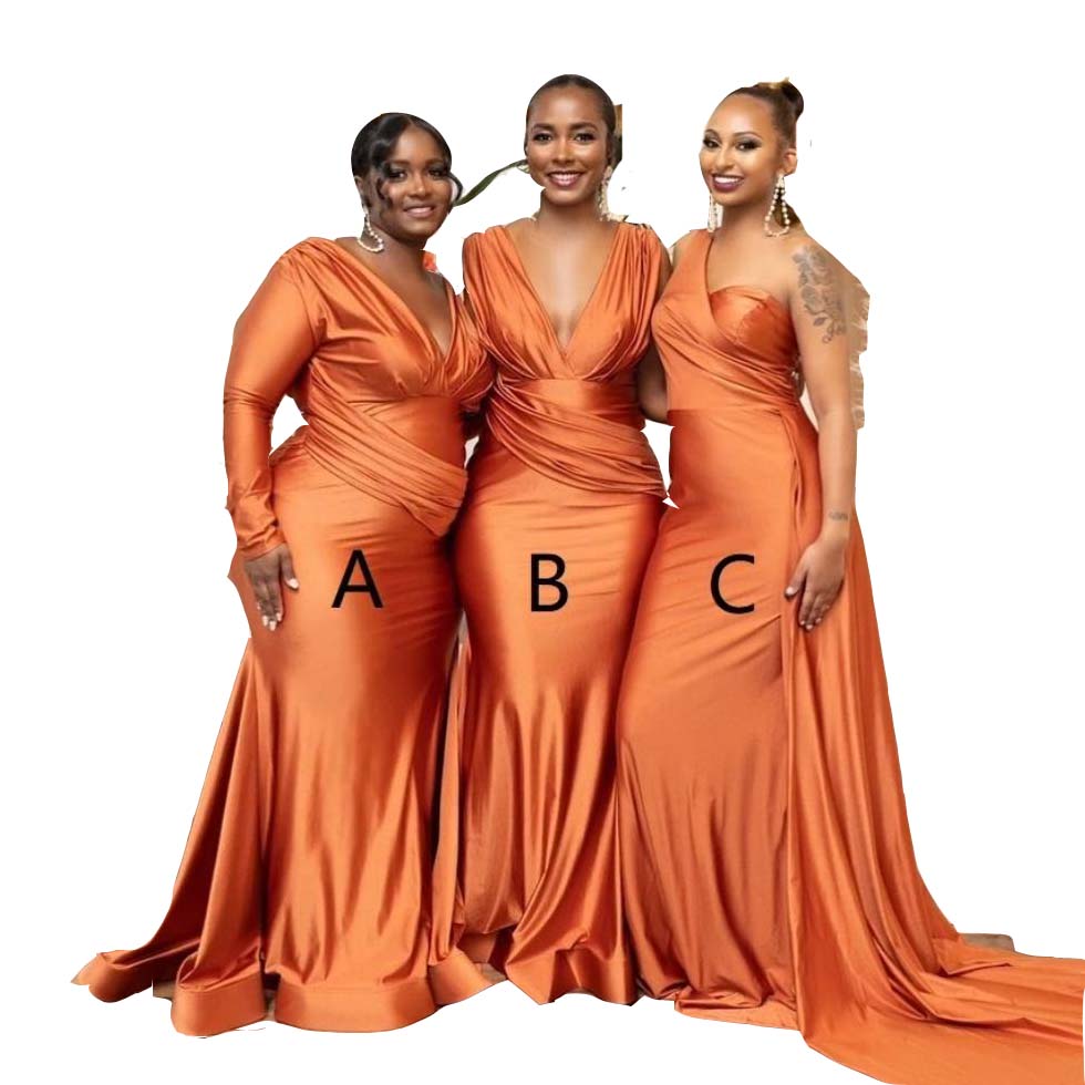 Bridesmaid Dresses Mermaid African Orange Plus Size Nigeria Girls Summer Wedding Guest Dress Sexy V Neck Long Maid Of Honor Gowns Sweep Train 0611