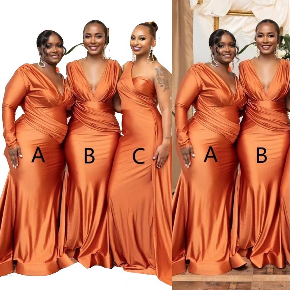 Bridesmaid Dresses Mermaid African Orange Plus Size Nigeria Girls Summer Wedding Guest Dress Sexy V Neck Long Maid Of Honor Gowns Sweep Train 0611