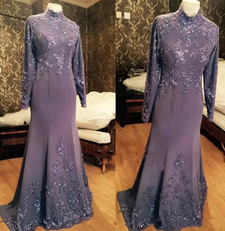 Elegant Long Sleeves Muslim Formal Evening Dresses Dusty Purple Lace Applique Mermaid Prom Party Gowns High Neck Modest Arabic Dubai Women Special Occ
