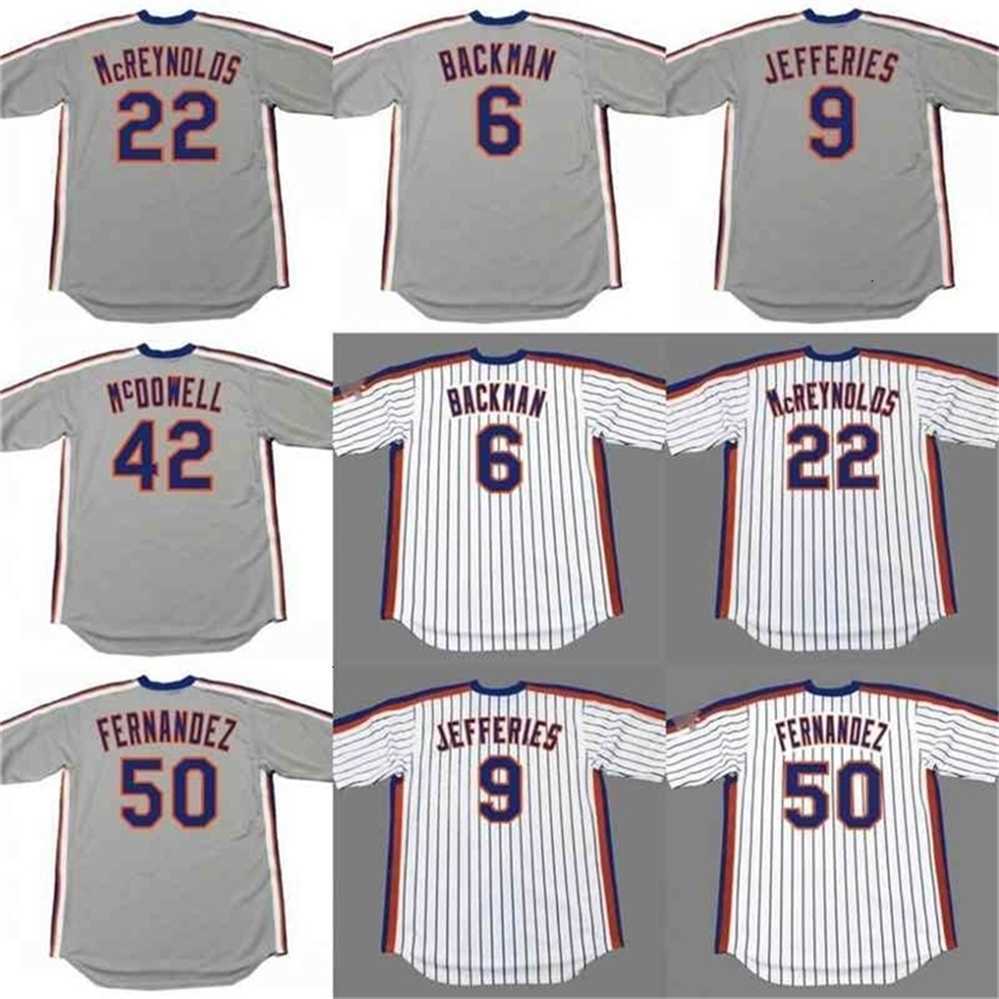 qqq8 C202 Men 6 WALLY BACKMAN 42 ROGER McDOWELL 9 GREGG J 50 SID FERNANDEZ 22 KEVIN McREYNOLDS baseball Jersey 1986