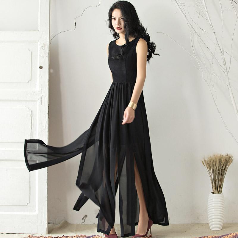 Casual Dresses Chiffon Dress Summer 2023 Female Elegant Sleeveless Vintage Retro Pure Color High Waist Maxi Long A-Line Split, Black 
Casual Dresses Chiffon Dress Summer 2023 Female Elegant Sleeveless Vintage Retro Pure Color High Waist Maxi Long A-Line Split, Black