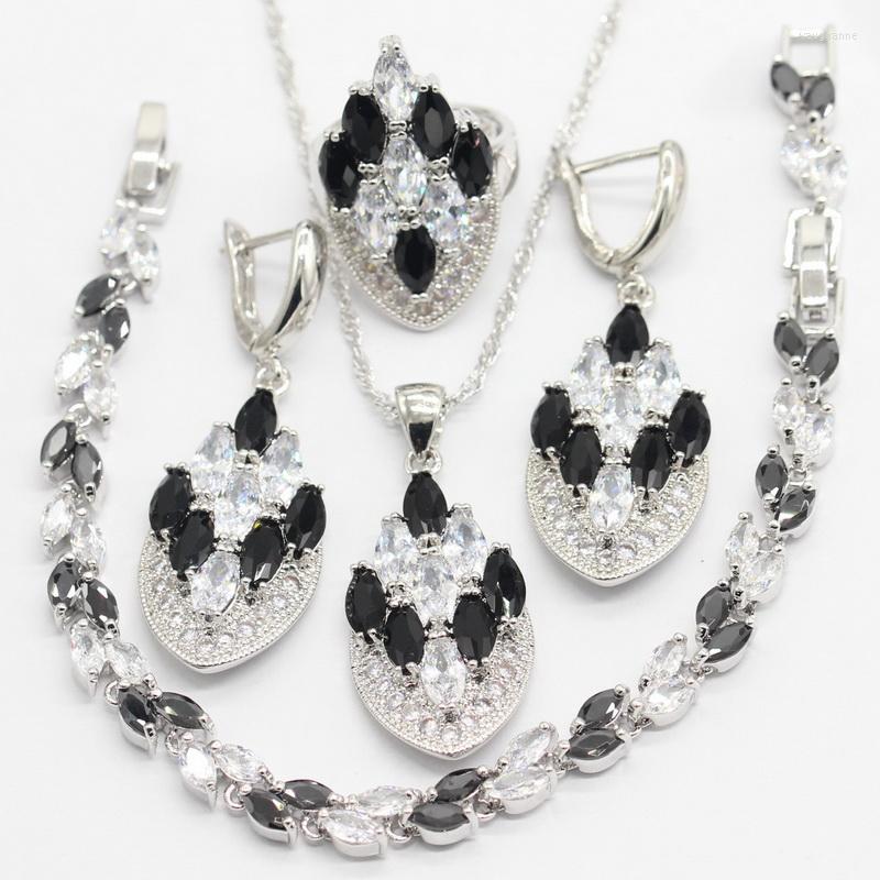 Necklace Earrings Set White And Black Stone 925 Silver For Women Wedding Of Four Dangle Ring Bracelet Jewelry Box, Picture shown
Necklace Earrings Set White And Black Stone 925 Silver For Women Wedding Of Four Dangle Ring Bracelet Jewelry Box, Picture shown