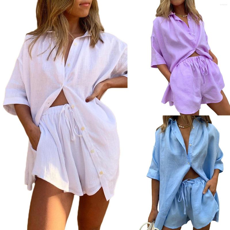 Women' Tracksuits Women Solid Color Clothes Set Half Sleeve Lapel Neck Button-up Shirt Irregular Hem Drawstring Shorts Two Pieces Sets
Women' Tracksuits Women Solid Color Clothes Set Half Sleeve Lapel Neck Button-up Shirt Irregular Hem Drawstring Shorts Two Pieces Sets