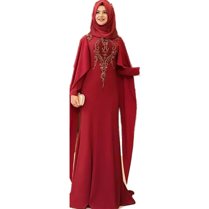 Modest Hijab Muslim Formal Evening Dresses Dark Red Embroidery Crystals Beaded High Neck Cape Long Sleeves Arabic Middle East Islamic Women Prom Party
