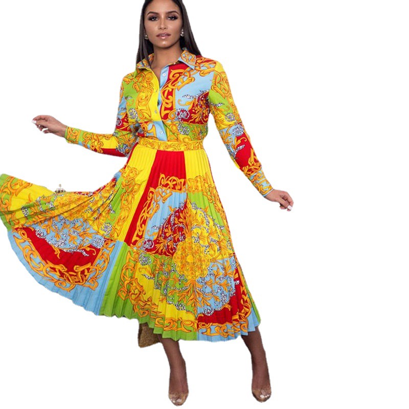 Spring Fall maxi dresses Womens A-line Shirt Dress Chain Print Lapel Neck Party Casual Long Sleeve Outwears Skirts Tops Vestido Blouses Club Clothing