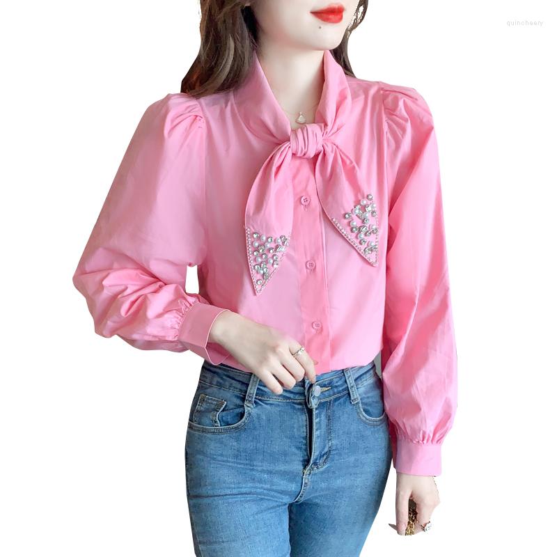 Women' Blouses Handmade Rhinestone Collar Pink Shirts Women Bow Knot Tops Sweet Girls Tie Bead Work
Women' Blouses Handmade Rhinestone Collar Pink Shirts Women Bow Knot Tops Sweet Girls Tie Bead Work