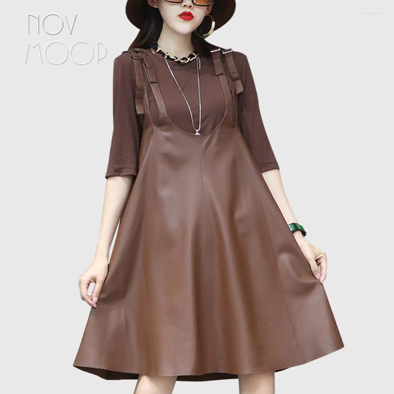 Casual Dresses Novmoop Designer Double Strip Genuine Leather Women Flare Dress Sweet A Line Style Robe En Cuir LT3458, Black
Casual Dresses Novmoop Designer Double Strip Genuine Leather Women Flare Dress Sweet A Line Style Robe En Cuir LT3458, Black