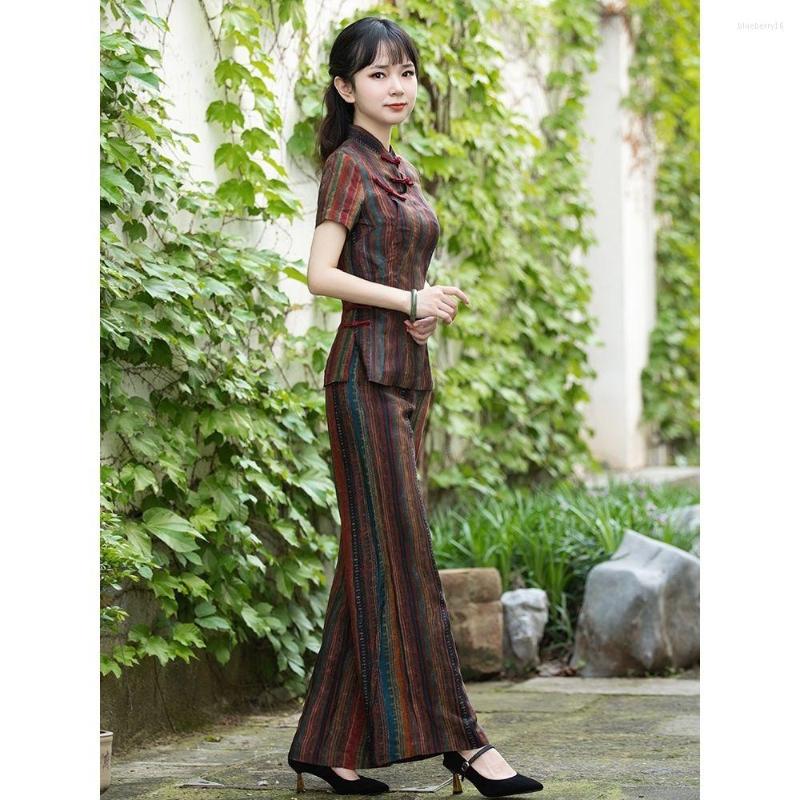 Ethnic Clothing 2023 Casual Suit Women Summer Chinese Style Short Sleeve Retro Temperament Stripe Print Cheongsam Button Two-piece Set G668
Ethnic Clothing 2023 Casual Suit Women Summer Chinese Style Short Sleeve Retro Temperament Stripe Print Cheongsam Button Two-piece Set G668