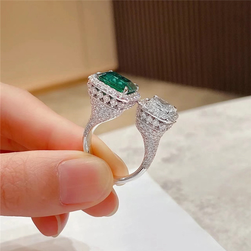 2023 Ins Top Sell Wedding Rings Sparkling Luxury Jewelry 925 Sterling Silver Princess Cut Emerald Party CZ Diamond Promise Women Adjustable Open Ring 