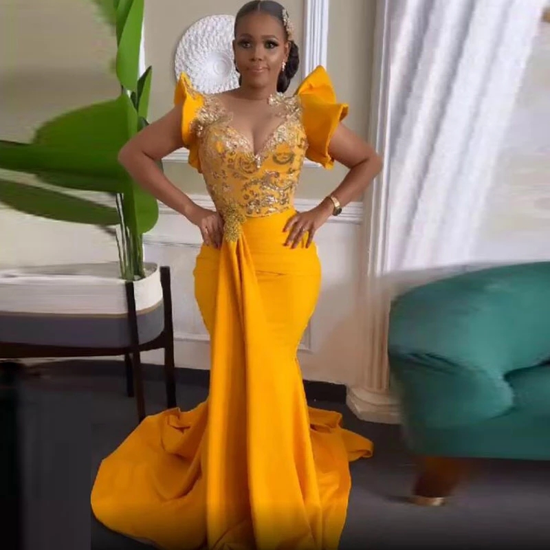 Gorgeous Aso Ebi Mermaid Prom Dresses Sheer Neck Lace Appliques Sparkly Evening Gowns Sweep Train Formal Party Dress Robe 322