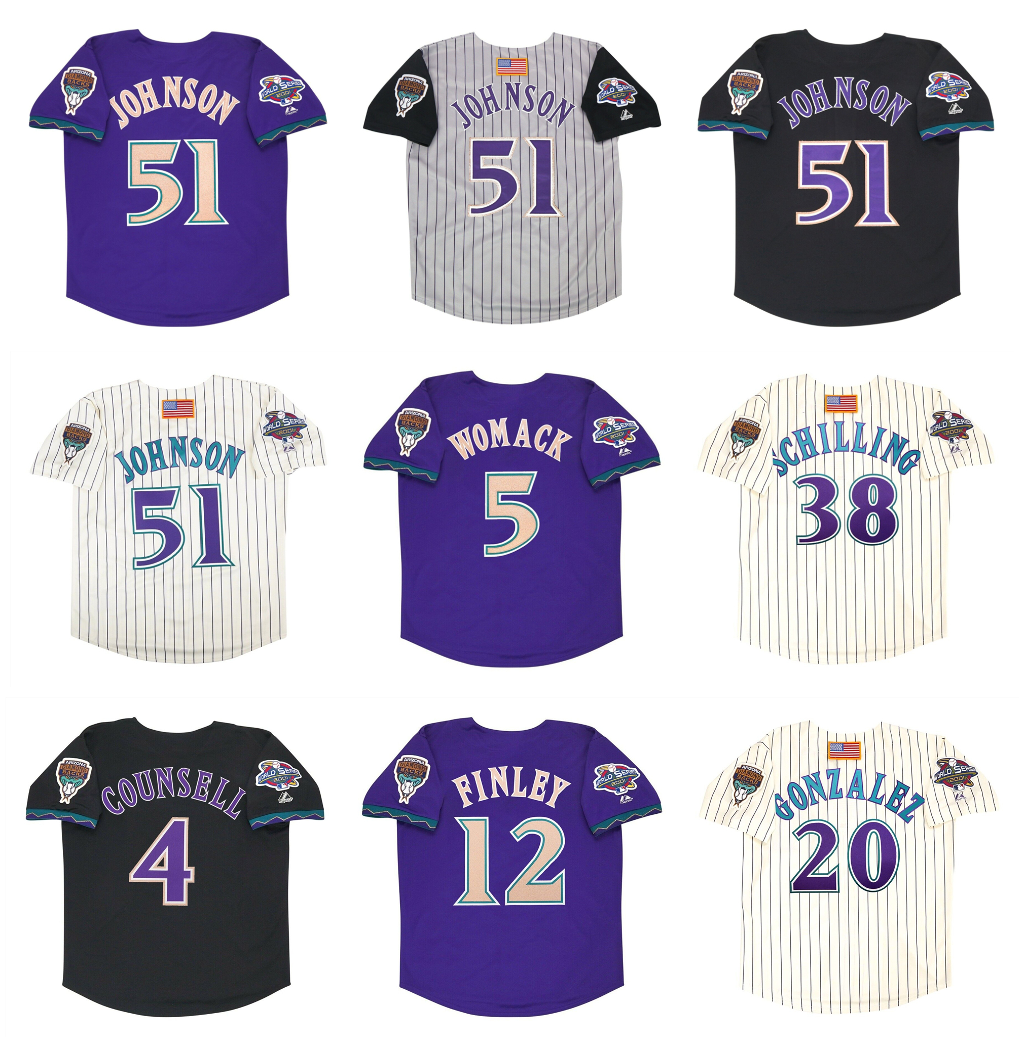 2001 World Series Arizona Randy Johnson Baseball Jersey Diamondbacks Luis Gonzalez Curt Schilling Craig Counsell Tony Womack Matt Williams Steve Finley Mark Grace, As pic
2001 World Series Arizona Randy Johnson Baseball Jersey Diamondbacks Luis Gonzalez Curt Schilling Craig Counsell Tony Womack Matt Williams Steve Finley Mark Grace, As pic