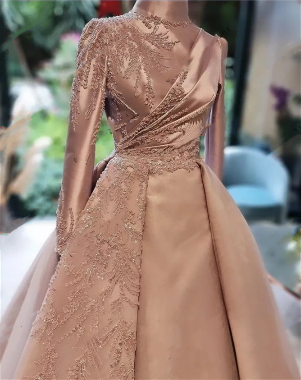 Blush Pink Satin Sleeve Muslim Evening Dresses Real Image Beaded Long Birthday Party Formal Gowns 0629