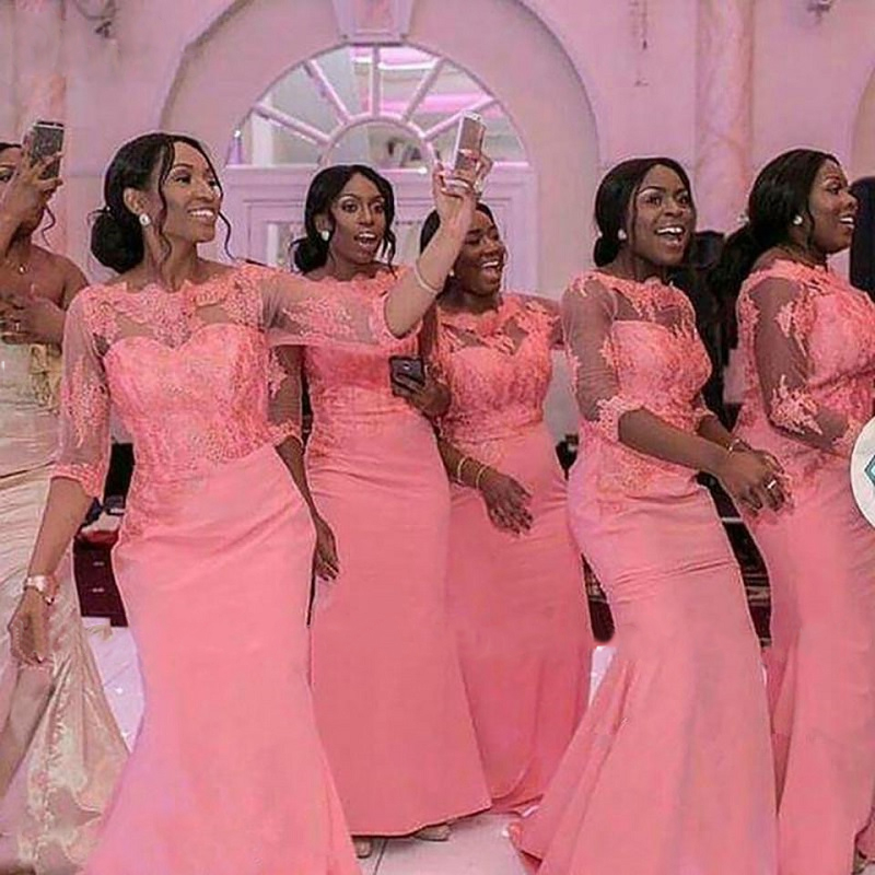 Peach Mermaid Bridesmaid Appliques Lace Up Back Satin Long Wedding Party Dresses Prom Maid of Honor Plus Size