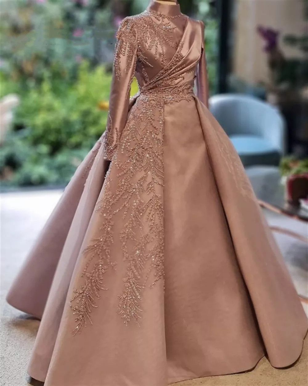 Blush Pink Satin Sleeve Muslim Evening Dresses Real Image Beaded Long Birthday Party Formal Gowns 0629