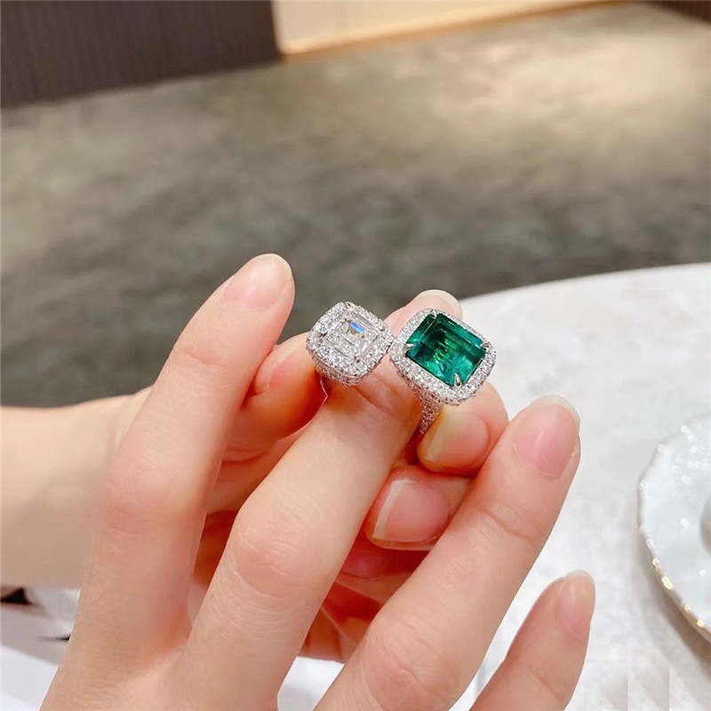 2023 Ins Top Sell Wedding Rings Sparkling Luxury Jewelry 925 Sterling Silver Princess Cut Emerald Party CZ Diamond Promise Women Adjustable Open Ring 
