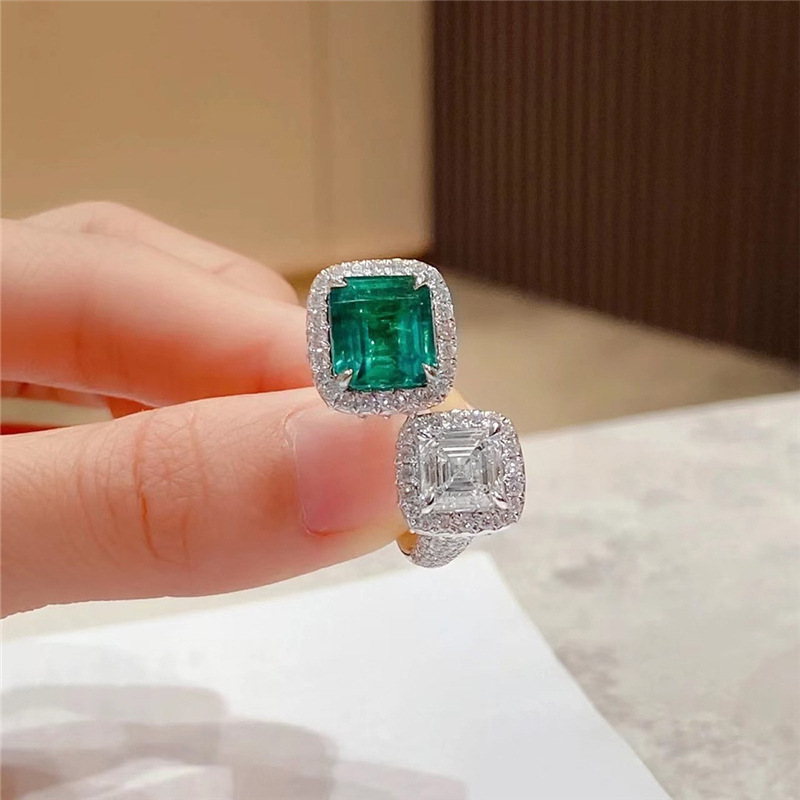2023 Ins Top Sell Wedding Rings Sparkling Luxury Jewelry 925 Sterling Silver Princess Cut Emerald Party CZ Diamond Promise Women Adjustable Open Ring 