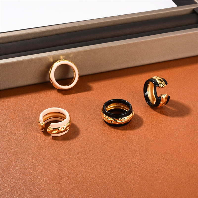 French Ins Black Gold Color Contrast Ring Female Design Simple Beige Dripping Glaze Fashion All-Match Jewelry Accessories