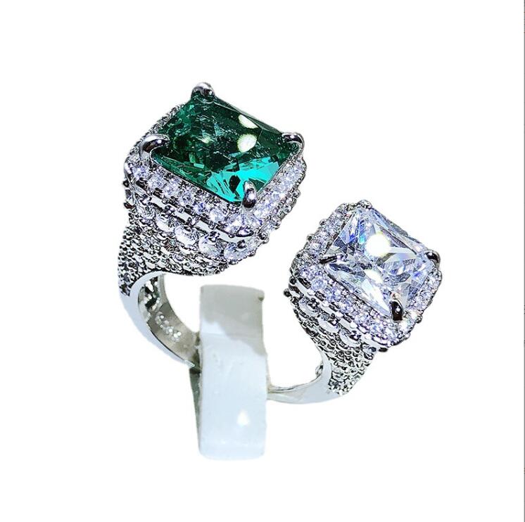 2023 Ins Top Sell Wedding Rings Sparkling Luxury Jewelry 925 Sterling Silver Princess Cut Emerald Party CZ Diamond Promise Women Adjustable Open Ring 