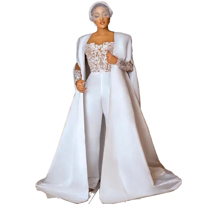 Chic Arabic Women Jumpsuits Wedding Gowns Lace Applique Long Sleeves Bridal Dresses With Cape Modern Elegant White Satin Vestido De Novia