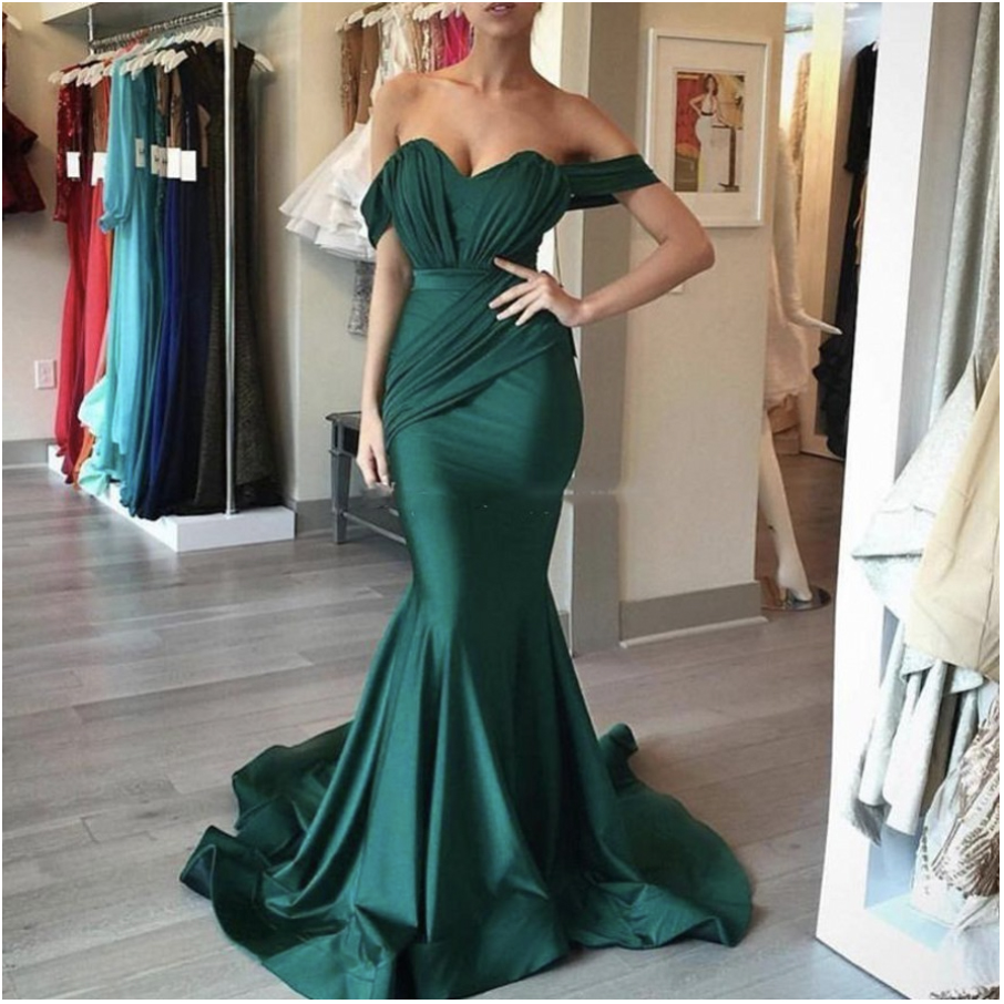Emerald Green Bridesmaid Dresses with Ruffles Mermaid Off Shoulder Cheap Wedding Gust Dress Junior Maid of Honor Gowns Evening Prom Gown
