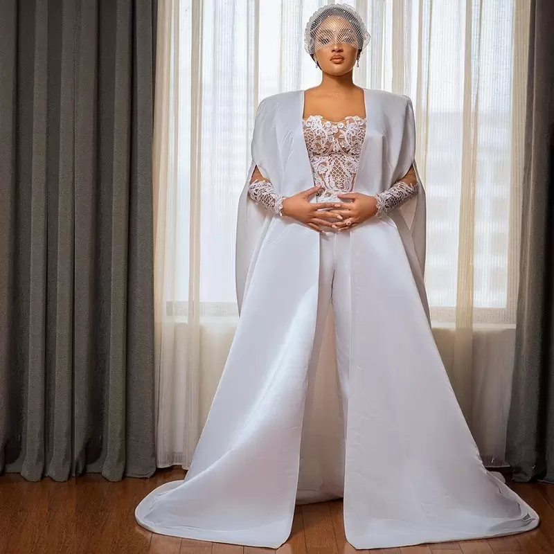 Chic Arabic Women Jumpsuits Wedding Gowns Lace Applique Long Sleeves Bridal Dresses With Cape Modern Elegant White Satin Vestido De Novia