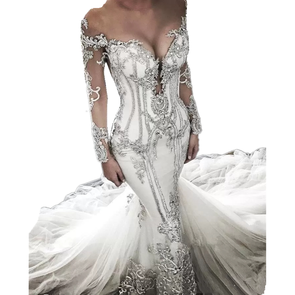 Luxury Crystals Beaded Mermaid Wedding Dresses Long Sleeves Lace Appliqued Chapel Train Bride Formal Gowns Ivory Tulle Sheer Neck Elegant Vestido De N