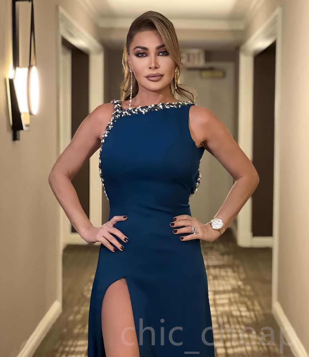 Aso 2023 Arabic Ebi Navy Blue Prom Dresses Beaded Crystals Sheath Evening Formal Party Second Reception Birthday Engagement Gowns Dress ZJ603