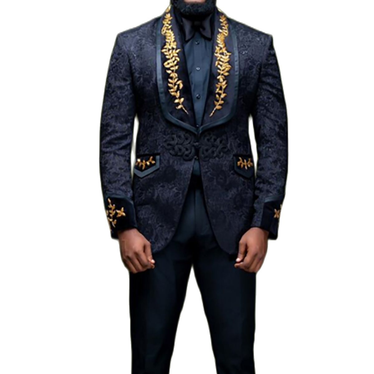 Luxury Gold Appliques Men Wedding Tuxedos Floral Pattern Custom Made One Button Formal Evening Prom Pants Suits 2 Pieces
