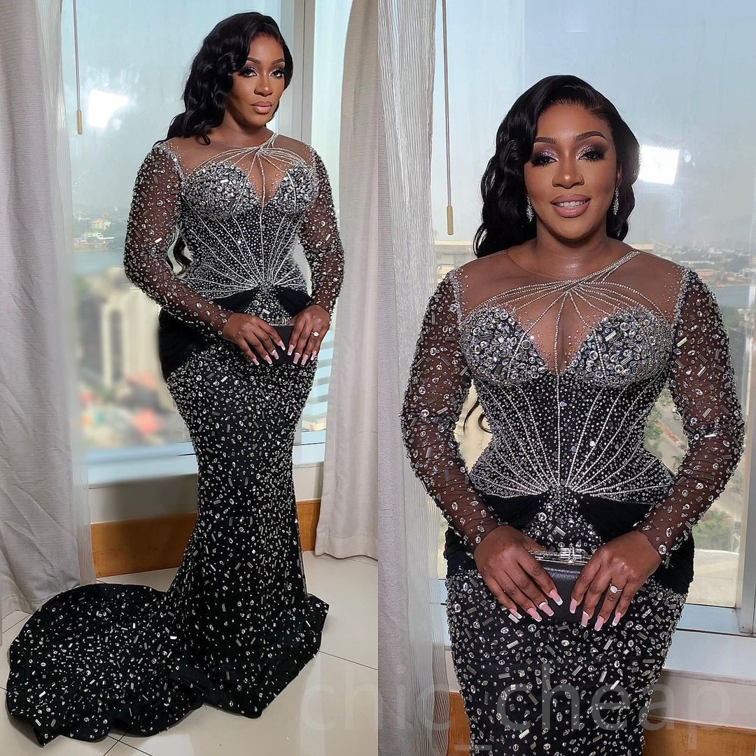 2023 Arabic Aso Ebi Black Mermaid Prom Dresses Beaded Crystals Luxurious Evening Formal Party Second Reception Birthday Engagement Gowns Dress ZJ606