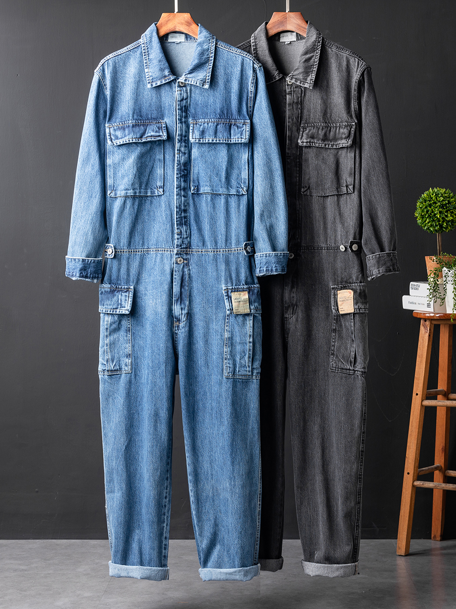 Gauges Men039s Jeans Loose Pockets Cargo Denim Long Sleeve Jumpsuits Hip Hop Overalls Blue Black