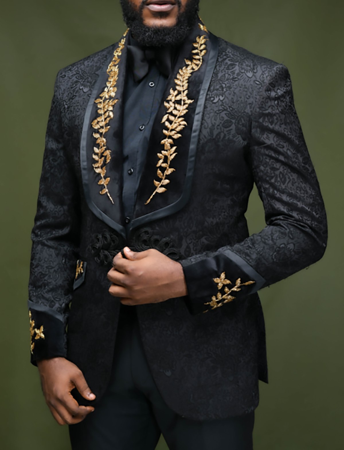 Luxury Gold Appliques Men Wedding Tuxedos Floral Pattern Custom Made One Button Formal Evening Prom Pants Suits 2 Pieces