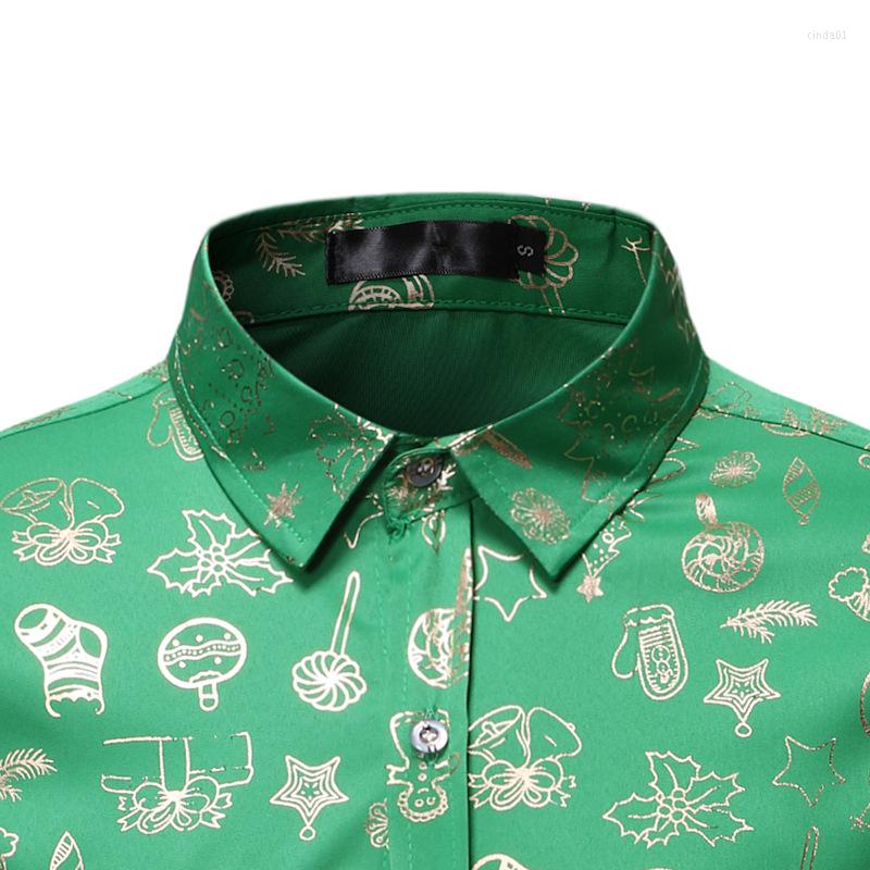 Men's Casual Shirts Mens Green Floral Print Dress Slim Fit Long Sleeve Christmas Shirt Men Party Wedding Tuxedo Chemise Homme XL