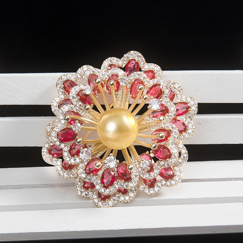 Classic Gold Pearl Brooch Double Layer Green Red Flower Brooches for Women Fashion Zircon Corsage Pin Clothing Jewelry