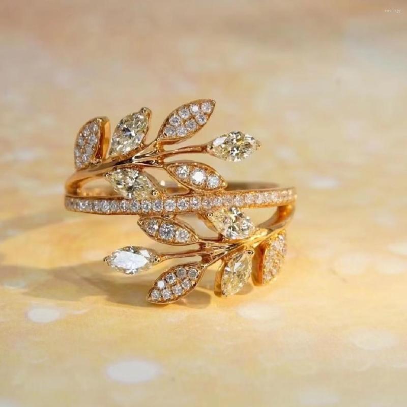 Wedding Rings Exquisite Leaf Design Gold Color Engagement For Women Fashion Cubic Zirconia Ring Gifts Female Luxury Jewelry 2023