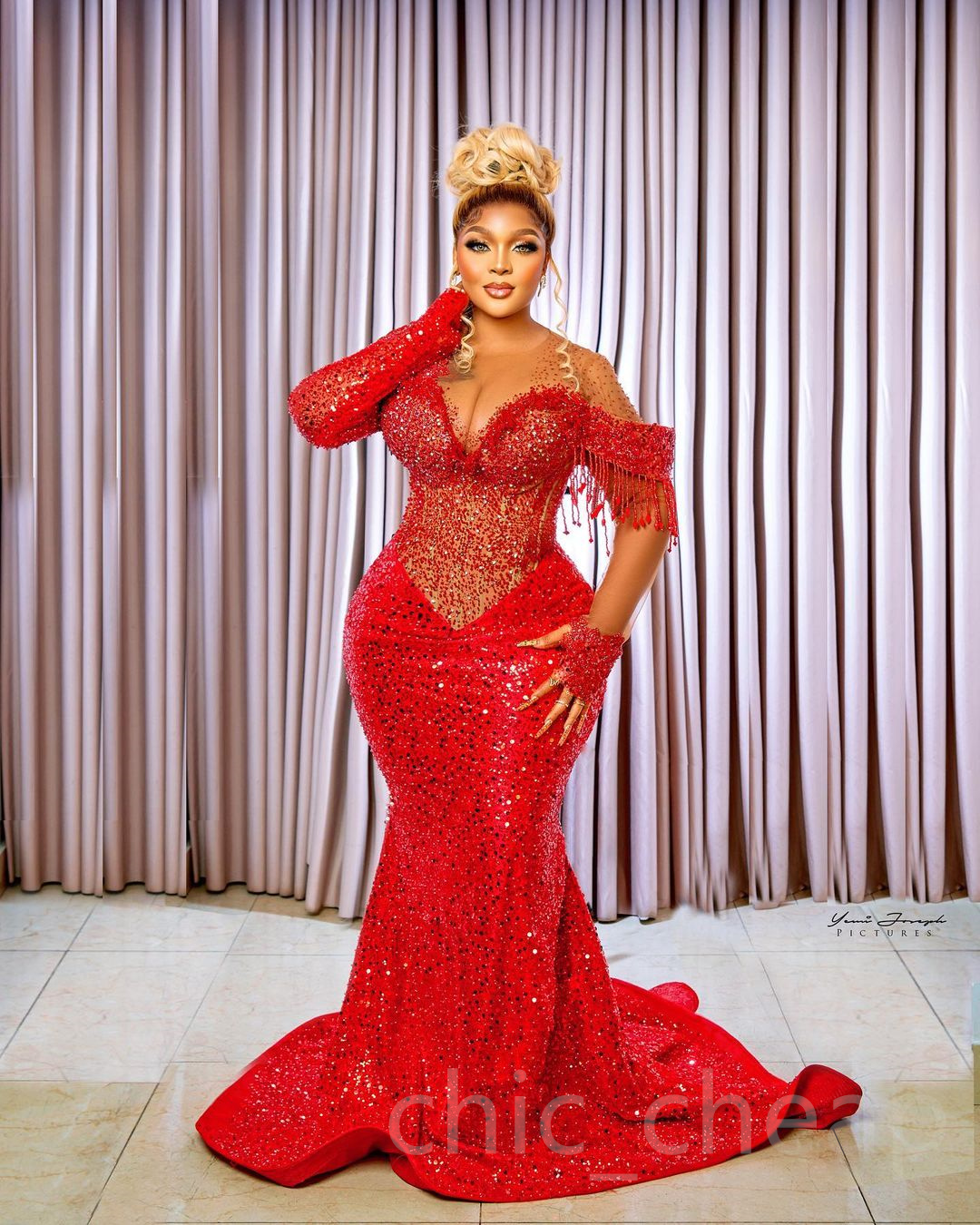 Aso Arabic Ebi Red Mermaid Prom Dresses Beadings Crystals Evening Formal Party Second Reception Birthday Engagement Gowns Dress Zj707