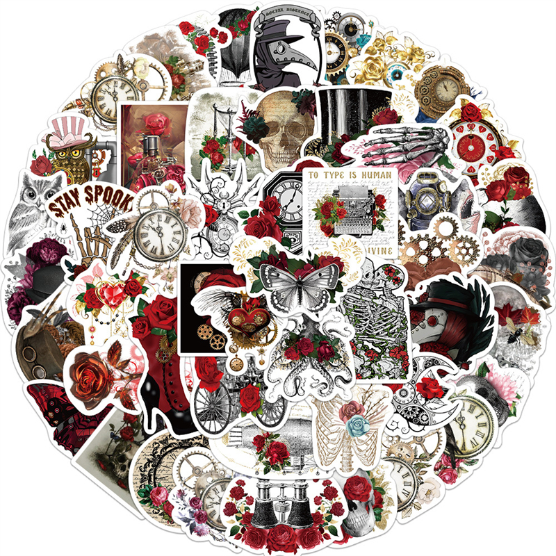 50Pcs vintage Steam Punk Rose Sticker Goth Skeleton Skull Graffiti Stickers for DIY Luggage Laptop Skateboard Motorcycle Bicycle Stickers