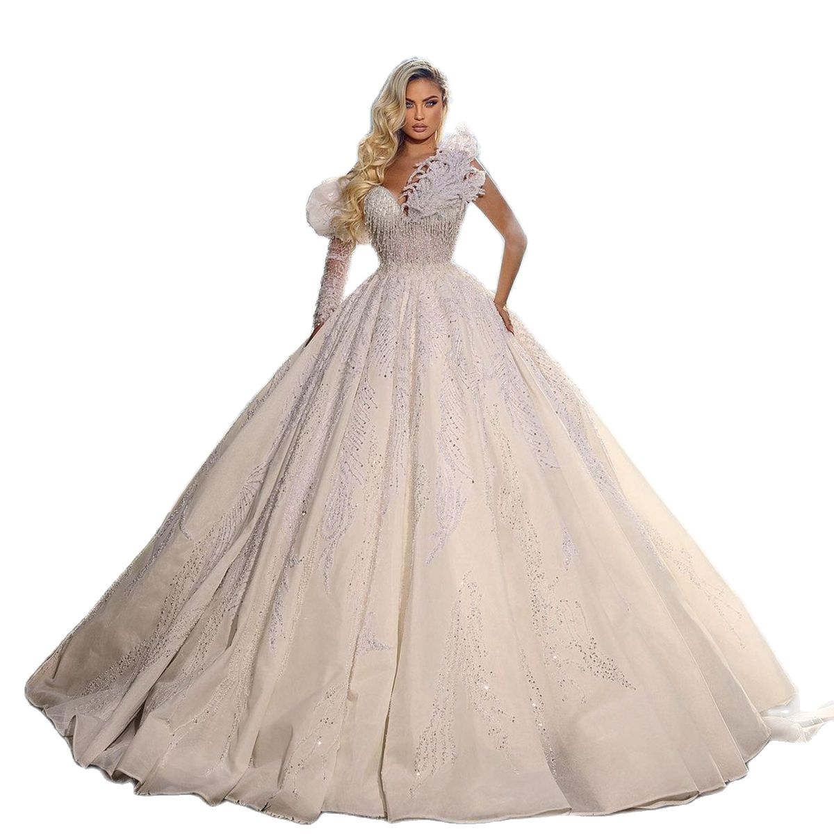 Luxurious African Wedding Dresses One Shoulder Lace Bridal Dresses Beaded Crystal Sequins Satin Ball Gowns Custom Made